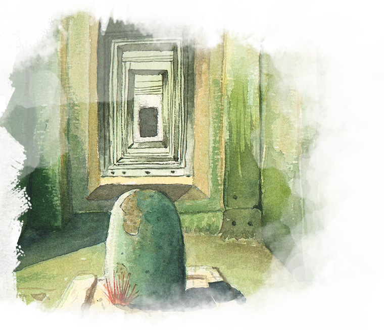 Un passage de pierre baigné de lumière, peint à l’aquarelle.